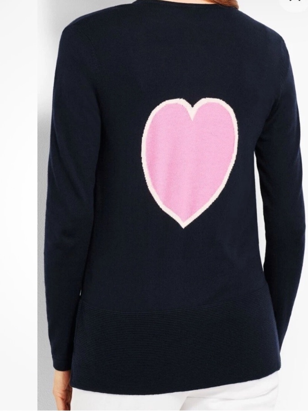 Talbots Navy Open Front Cardigan Sweater w/ Pink Heart Back | Size Large